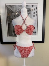 Women s Roxy Red Floral Bikini Set Halter Tie Side 2 Piece Swimsuit - Size M