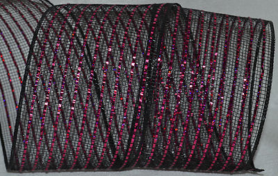Deco Mesh Ribbon~Black~Metallic Hot Pink~4''~Not Wired~Holiday~Christmas~Gift~Bow