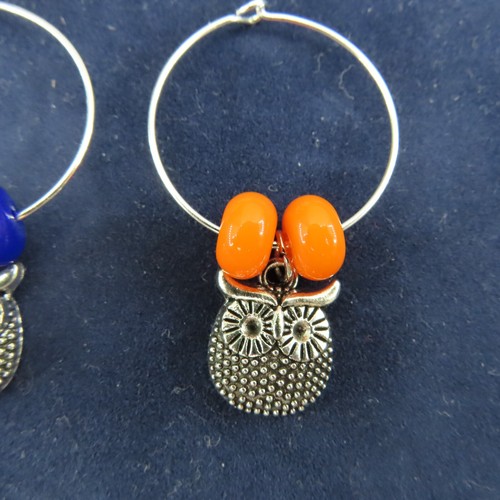 Round OWL Wine Charms Cocktail Drink Markers Blue Orange Yellow Green Set of 4 - Picture 5 of 7