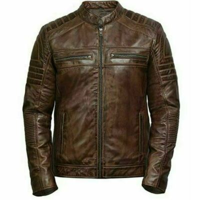 Herren Vintage Distressed Braun Leder Biker Jacke Gesteppt Cafe Racer Motorra...