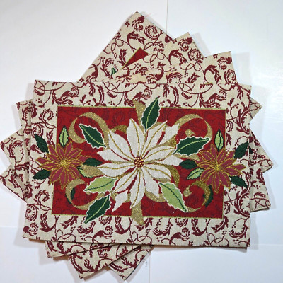 Christmas Holiday White & Red Poinsettias Table Set 4 Placemats 17.5'' x 12.75''