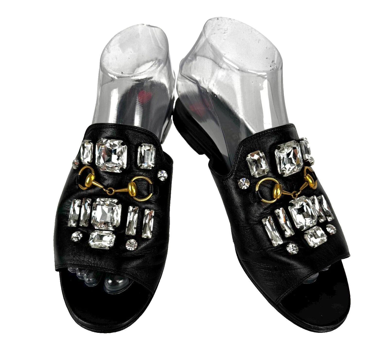 Gucci Auth 8 US 38 EU cuir noir or cristaux Horsebit sandales chaussures plates