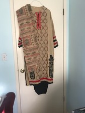 pakistani shalwar kameez Embroidered Beige And Black 3 Piece Linen Suit XL