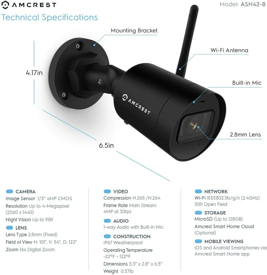 Amcrest 4MP Smart Home Outdoor Wifi Security Bullet Camera Wireless Mic Warranty - Image 3 of 4