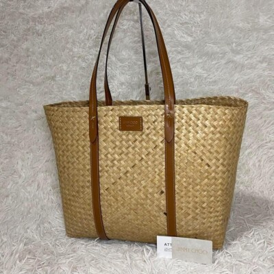JIMMY CHOO Brown Raffia Tote Basket Bag Studs Stars Large