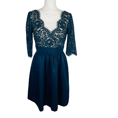 Eliza J Womans Sz 4 Dress Blue V Neck Lace Dress 3/4 Sleeve Zip Back | eBay