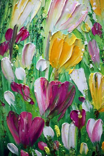 Spring Flowers TULIPS Vertical Narrow Canvas Original Impasto Oil Painting pink - Picture 3 of 9