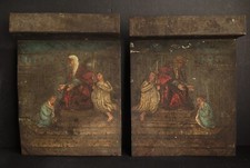 EARLY PAIR OF UNUSUAL TOLE PLAQUES OF A JUDGMENT SCENE, CIRCA 1800