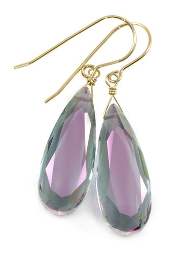 Mystic Simulated Topaz Earrings Long Faceted Teardrops Sterling 14k Solid Gold - Picture 1 of 15