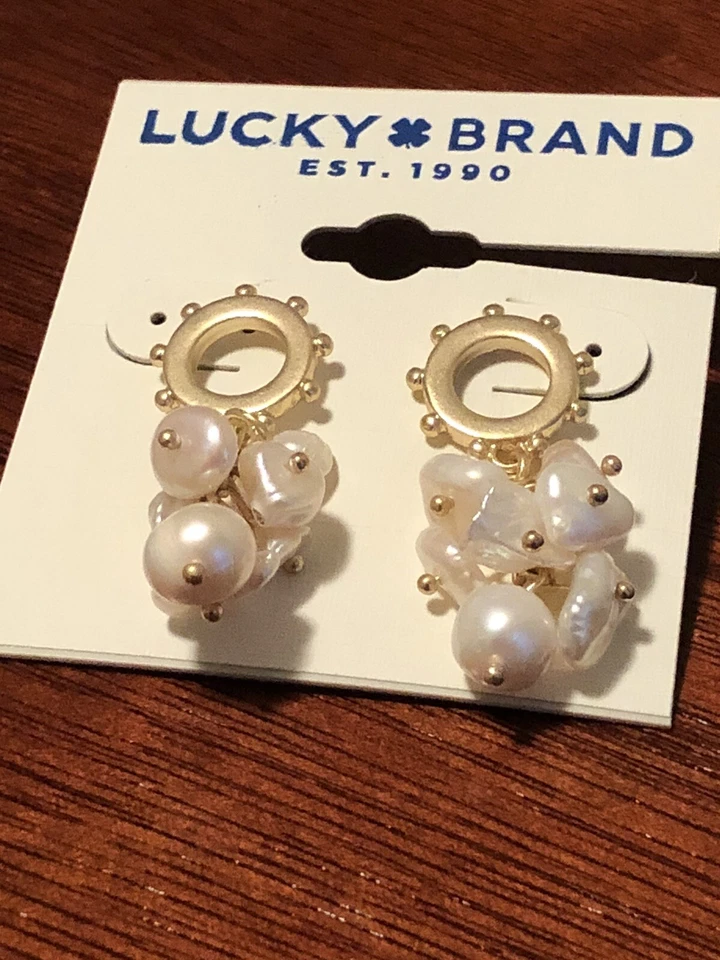 lucky brand gold tone freshwater pearl cluster drop earrings new with tags - Image 2 of 4