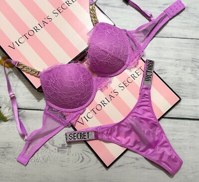 Victoria's Secret Shine Strap Chain Push Up Thong Bra Set Berry