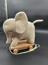 Frolics Kids Connection Knitted Elephant Pull Toy On Wooden Cart RARE