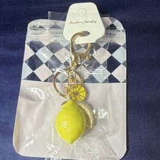 Women s Lemon Charm Key Chain/Bag Clip Gold Tone Yellow Metal Rhinestone