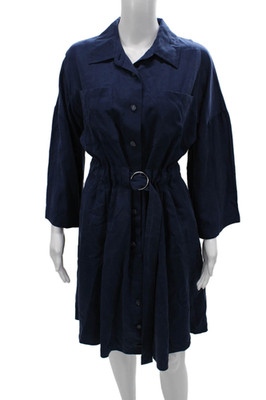 Max & Moi Women Shirt Dress Blue Cotton 3/4 Sleeve Collared Button Size L