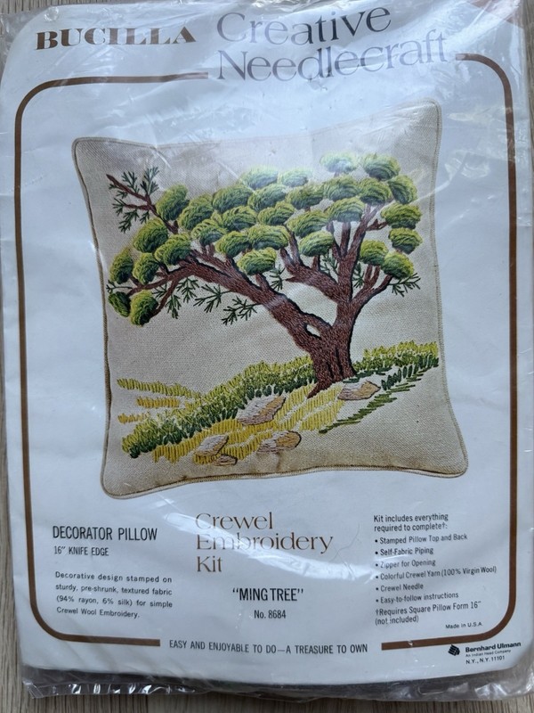 Vintage Bucilla Ming Tree #8684 Crewel Embroidery Pillow Kit Sealed NOS 16”
