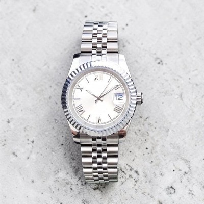 Silver Steel White Dial Automatic Watch NH35A Movement Fluted Bezel Jubilee 40mm