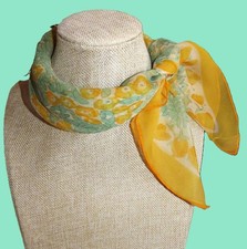 Vera Neumann square floral scarf; silk blend; yellow white blue-green; 22x22 in.