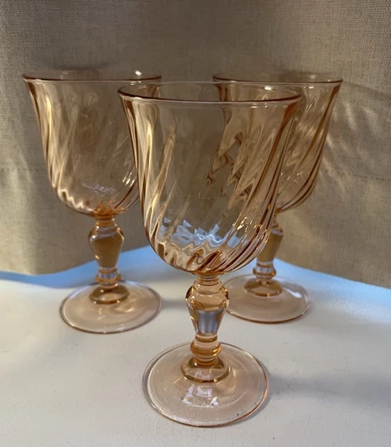 (3) ARCOROC LUMINARC PINK SWIRL ROSALINE STEMMED WINE GLASSES DEPRESSION FRANCE