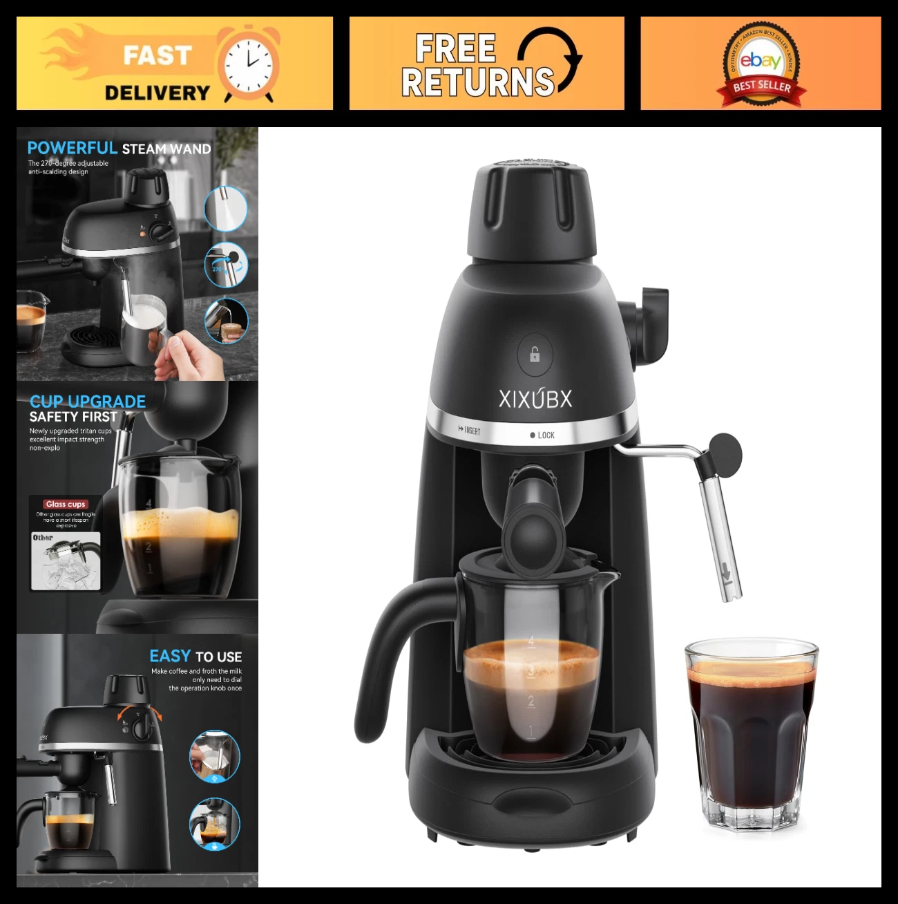 Compact Espresso & Cappuccino Machine, 3.5 Bar with Steam Wand, 800W, Safety Loc