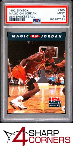 1992 SKYBOX USA BASKETBALL #105 MAGIC JOHNSON ON MICHAEL JORDAN PSA 9