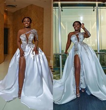 Satin Gold Decal Mermaid Wedding Dress One Shoulder Long Sleeved Bridal Gown