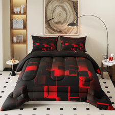Red Black Comforter Set, Light Honeycomb Theme 3D Pattern for Kids Teens Adults,