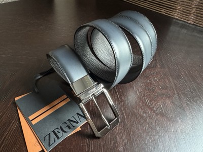 Zegna Dark Blue and Dark Brown with Black Buckle Reversible Leather Belt NEW