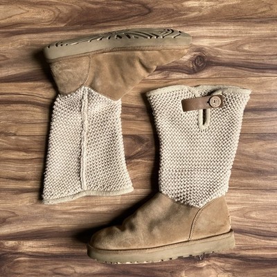 Ugg Boots Womens 11 Brown Shaina Knit Sweater Cuff Fold Over Leather Suede