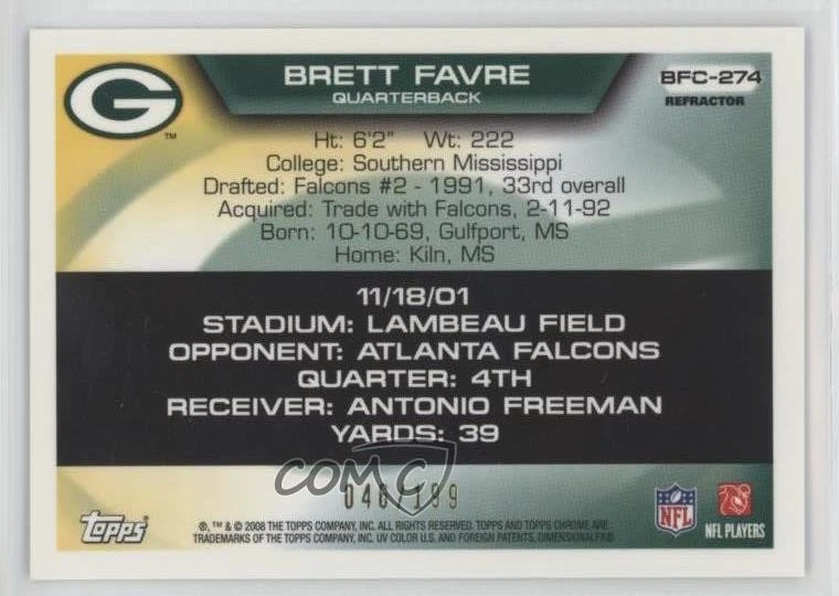 2008 Topps Chrome Collection Refractor /199 Brett Favre #BFC-274 HOF - Image 2 of 2