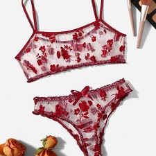 Ladies 2-Piece Underwear Set Gift See Through Knickers Bra Lingerie Red
