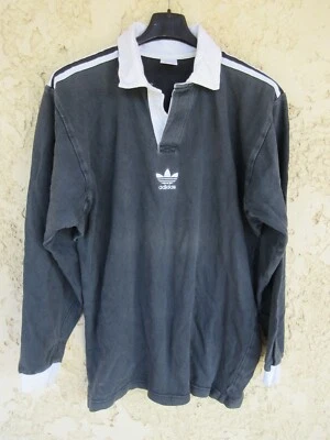 Maillot rugby ADIDAS vintage noir blanc TREFOIL coton années 90 shirt jersey L - Photo 1/4