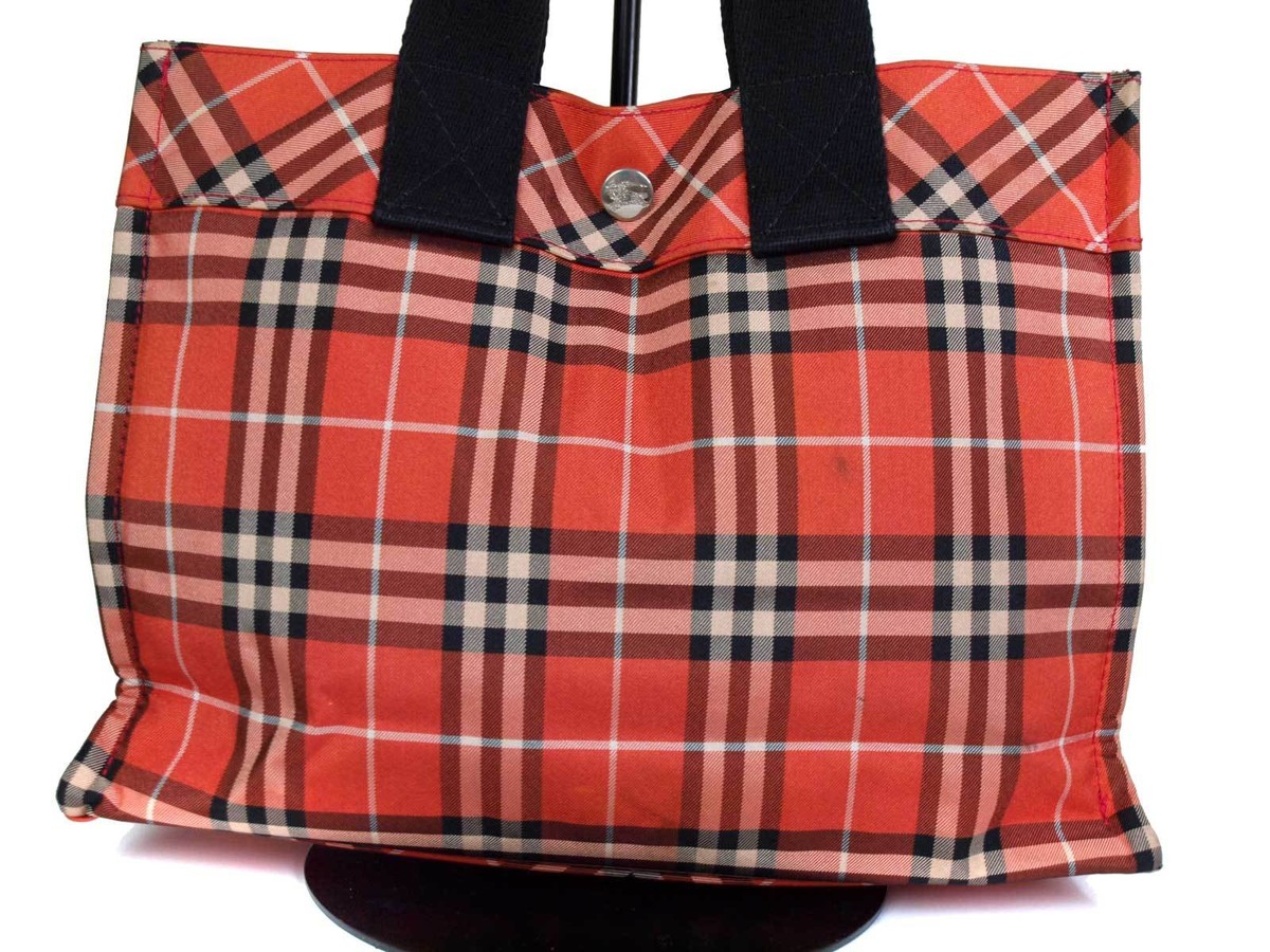 BURBERRY LONDON BLUE LABEL Nylon Canvas Orange Red Hand Bag BURBERRY LONDON BLUE LABEL Nylon Canvas Orange Red Hand Bag