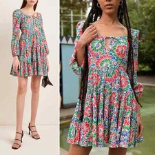 RIXO Roxy Long Sleeve Mini Dress Hibiscus Floral  Cotton Blue/Purple Size Small