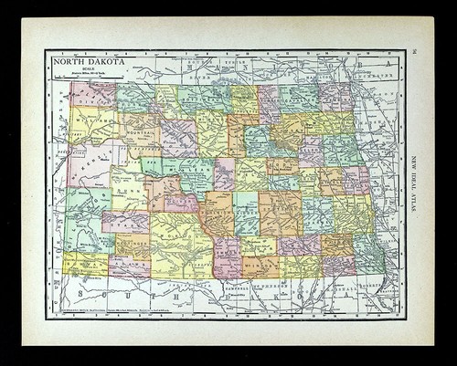 1912 McNally Map North Dakota Bismarck Mandan Minot Medora Fargo Grand Forks ND