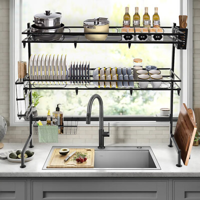 2 Tier Over Sink Dish Drying Rack Cutlery Drainer Kitchen Shelf Cup Organizer