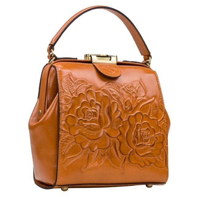 Patricia Nash Nela Tooled Rose Leather Frame Convertible BagCognacNWT