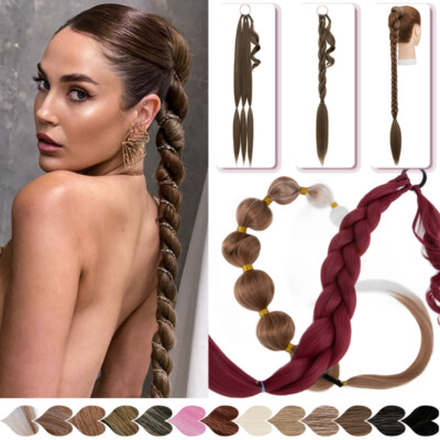 TRENDY Long Braided Ponytail Hair Extensions Real Thick Wrap On Bubble Pony Tail