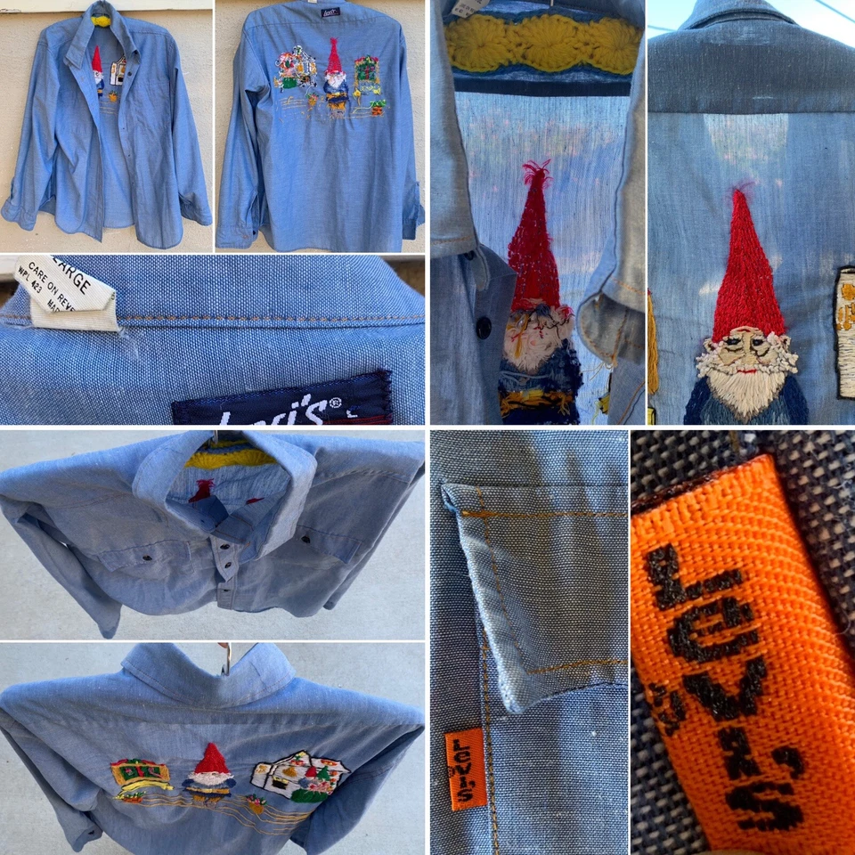 Camisa De Colección Levi’s Cambray Bordada Gnomo Gnomos Trabajo Occidental Naranja Pestaña L Foto 4 de 4