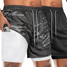 Men 2 in 1 Running Shorts Compression Gym Workout Training Liner wi Pocket Pants
