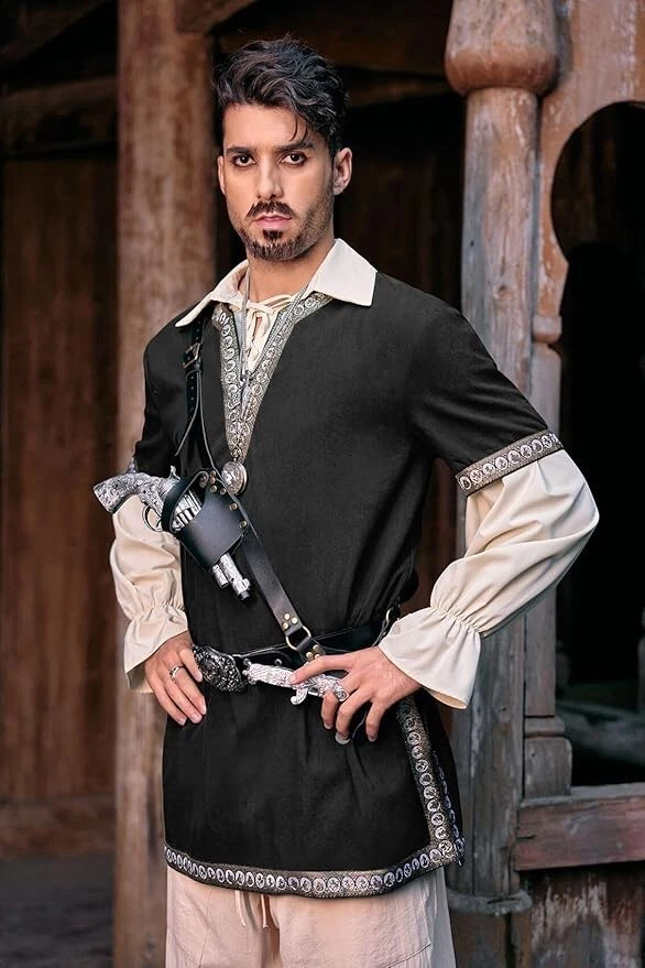 Men's 2XL Black Medieval Knight Tunic Renaissance Mercenary Scottish Costume War - Image 3 of 4