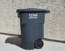 Personalized White Custom Trash Bin / Wheelie Bin Address Name and Number Decal
