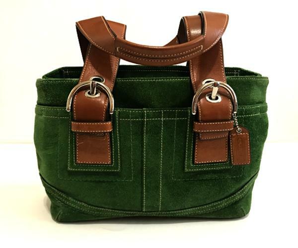 COACH SOHO LIME GREEN SUEDE BRITISH TAN LEATHER TRIM
