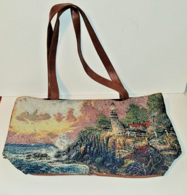 Thomas Kinkade Print Tapestry Tote Bag Purse Gregg Gifts Lighthouse Ocean