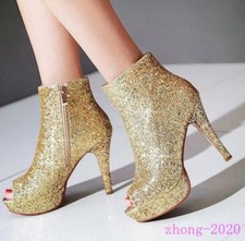 Fashion Women's Sequins Peep Toe Sandals Zip Casual Dress Party Club Ankle Boots