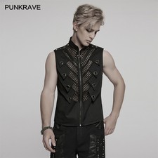 Punk Rave Men Black Gothic Punk Metal Studded Mesh Splicing Vest Slim Fit Tops