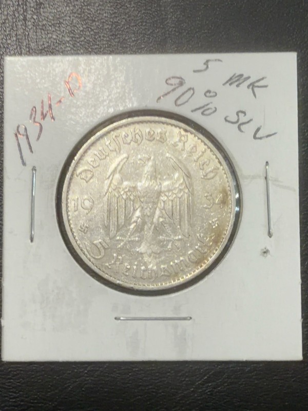 1934-D Germany 5 Reichsmark Silver Coin 90% Potsdam Garrison Church Munich Mint