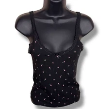Small Divided H&M Black Floral Crop Top Tank Pink Green Ribbed Lace Trim Stretch