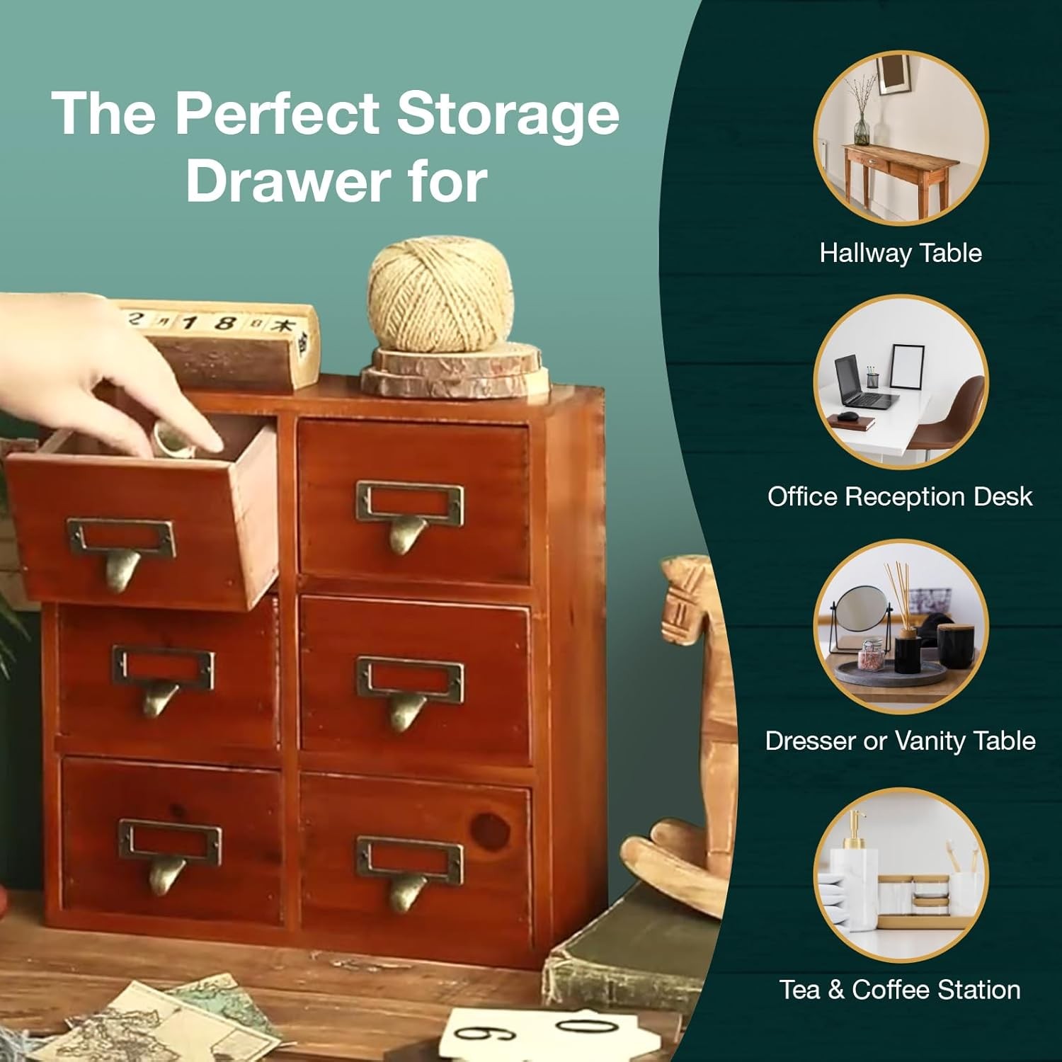 Vintage Card Catalog Drawers for Desktop - 6-Drawer Mini Wood Mahogany 