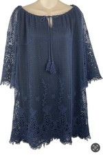 ODDY Lace Crochet Short Dress Size M Navy Blue Lined Gathered Neck Anthropologie