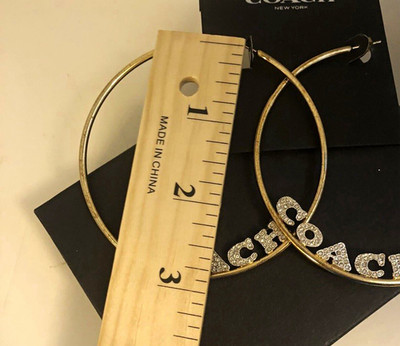 Coach Gold Tone Crystal Pavé Logo Large Hoop Earrings 3 in Butterfly Back